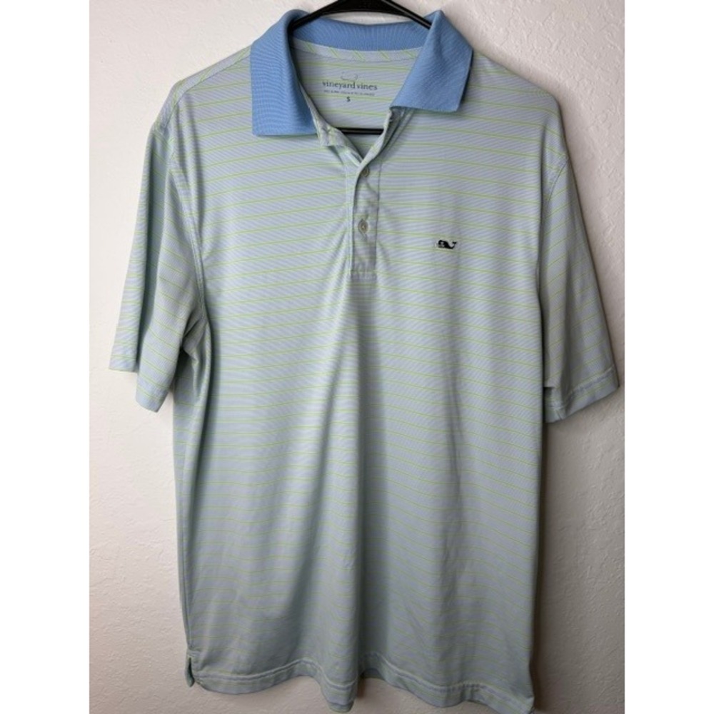 Vineyard Vines Mens Small Performance Polo Shirt Blue Green Striped Golf S/S
